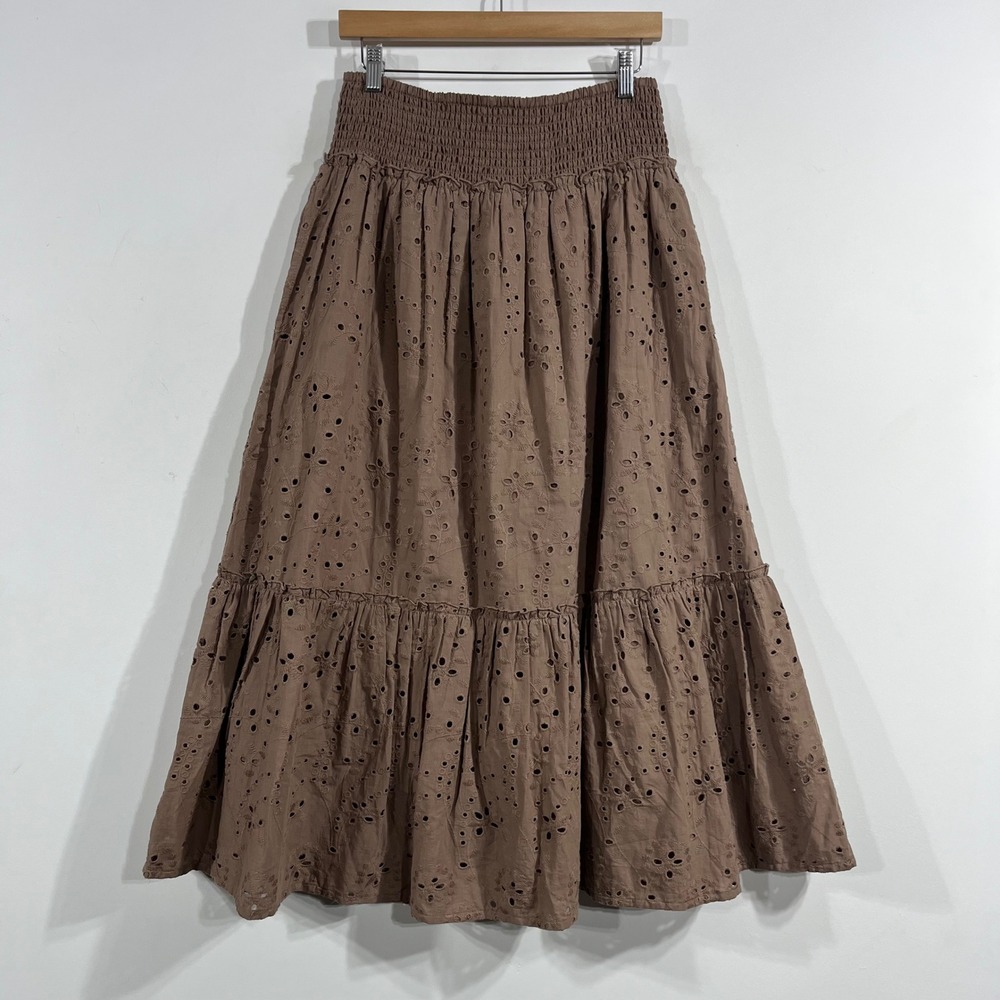 Womens Dark Cottagecore Renfair Brown Cotton Eyelet Boho Tiered Midi Skirt Sz M